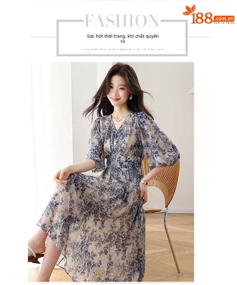 Đầm maxi nữ thắt eo họa tiết hoa nhí xòe lớn dáng suông — màu sắc, xanh lam chi tiết 11