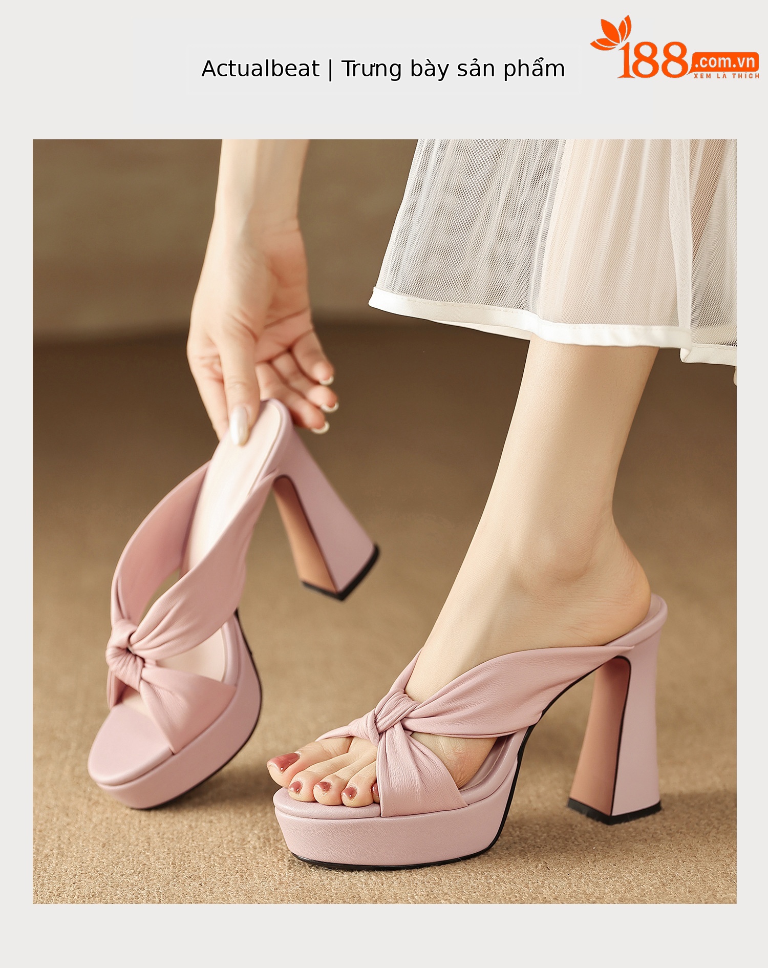 Sandal cao gót nữ mũi hở da cừu mềm, đế xuồng platform, gót vuông 8-10cm, nơ bướm — Hồng 8cm, Xanh da trời 10cm, Hồng 10cm, Trắng kem 8cm chi tiết 9