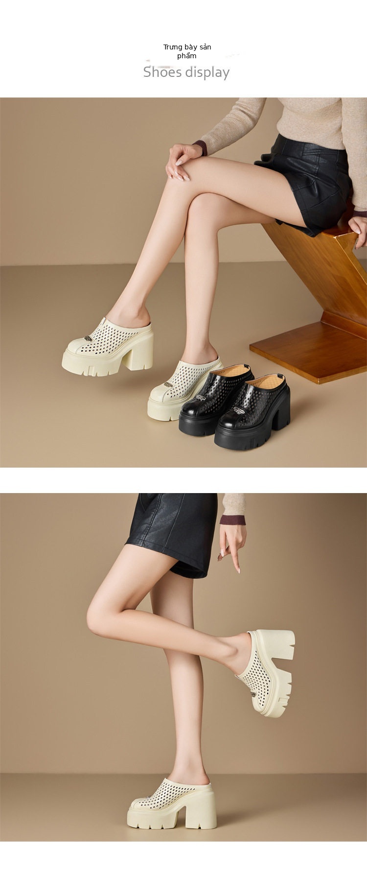 Dép cao gót nữ đế xuồng platform mũi kín hở gót 12 cm — [Trắng kem], [Đen] chi tiết 2