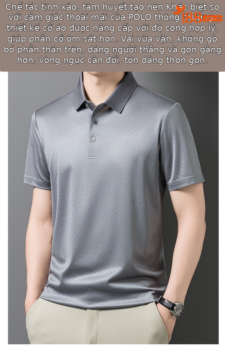 Áo polo nam tay ngắn lụa Mulberry cổ bẻ cao cấp — Xám 9651 chi tiết 3