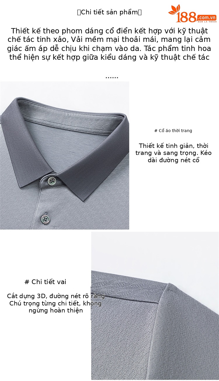 Áo polo nam tay ngắn lụa Mulberry cổ bẻ cao cấp — Xám 9651 chi tiết 7