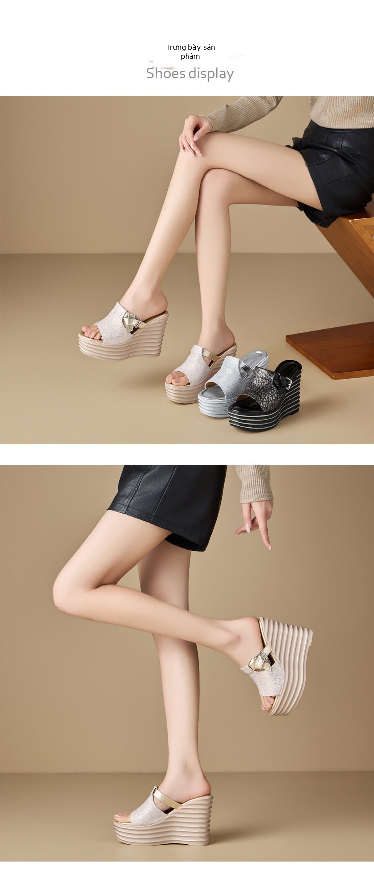 Dép sandal nữ quai chữ V da thật đế xuồng cao 12 cm — [Bạc], [Đen], [Vàng nhạt] chi tiết 2