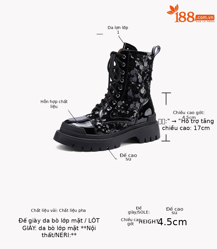 Boot nữ cổ thấp hở mũi dây buộc đế platform cao 5 cm màu bạc sequin — màu đen, bạc chi tiết 3