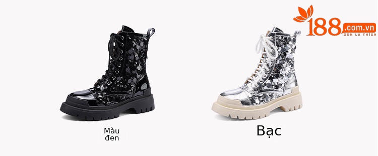 Boot nữ cổ thấp hở mũi dây buộc đế platform cao 5 cm màu bạc sequin — màu đen, bạc chi tiết 4