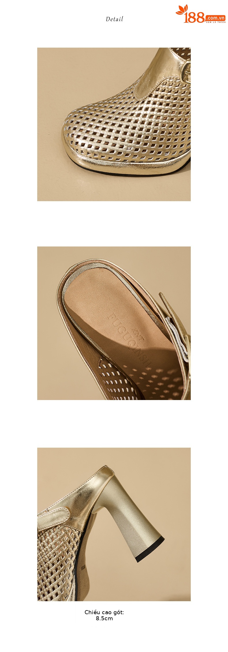 Sandal cao gót nữ mũi tròn đục lỗ, đế dày 8,5 cm, phong cách Âu Mỹ — màu vàng chi tiết 12