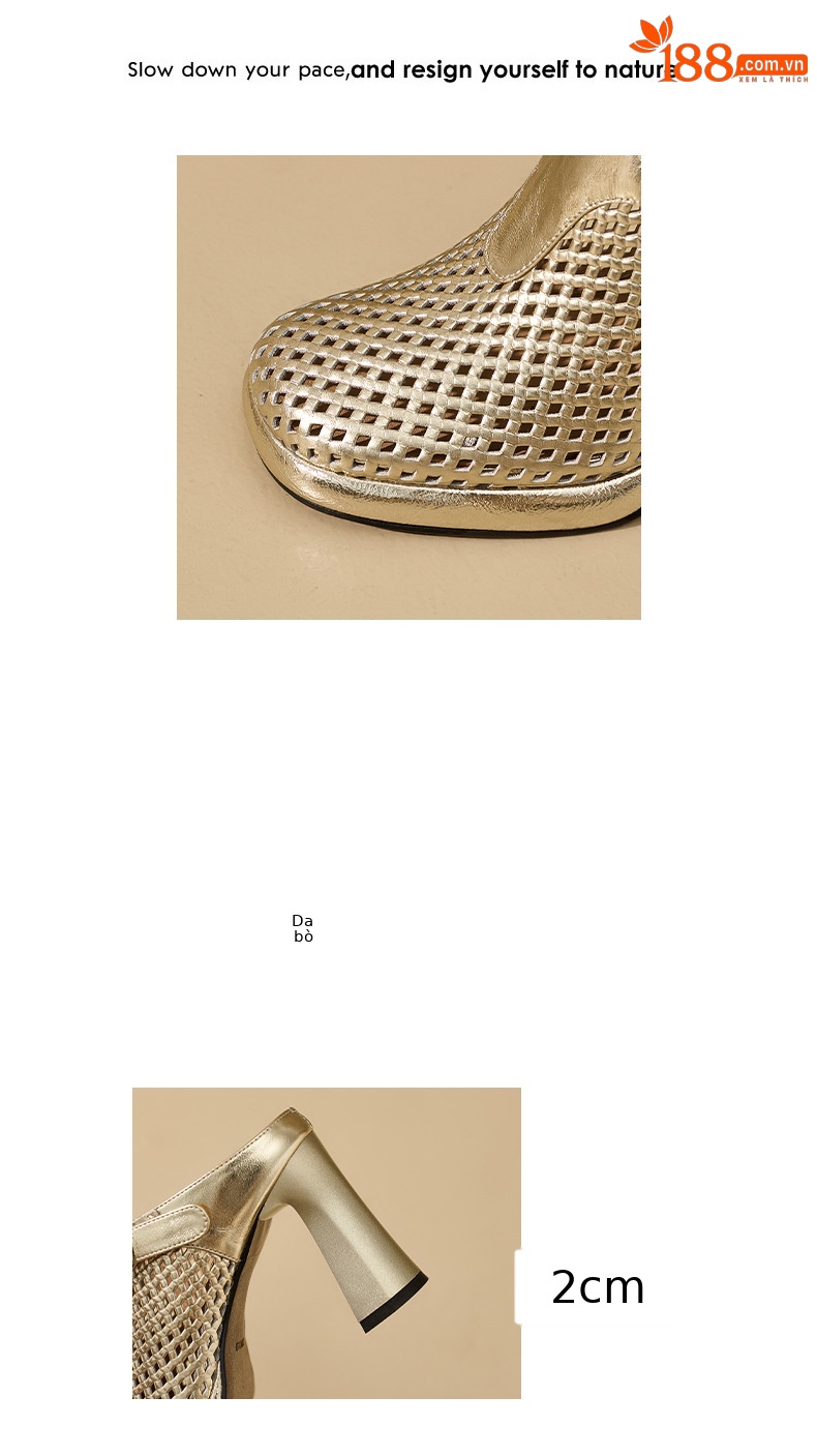 Sandal cao gót nữ mũi tròn đục lỗ, đế dày 8,5 cm, phong cách Âu Mỹ — màu vàng chi tiết 2