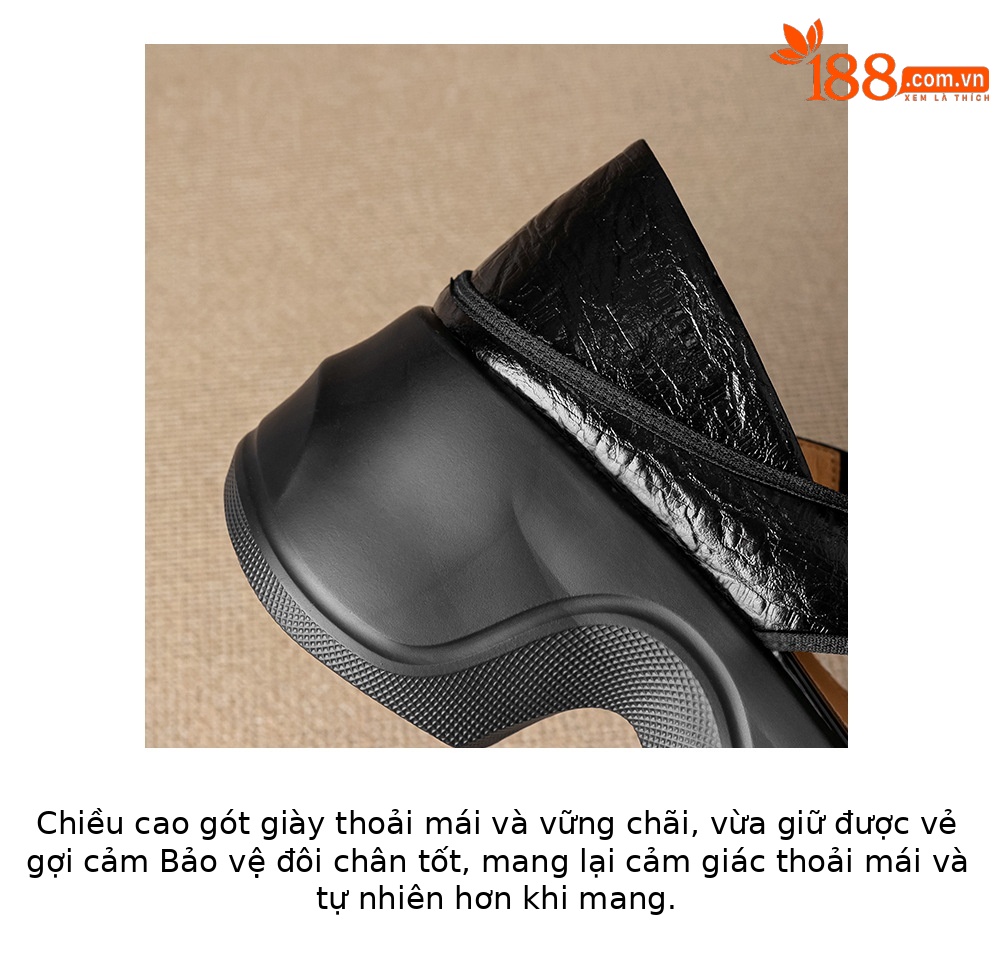 Sandal nữ đế xuồng cao gót 6cm mũi hở phong cách La Mã da thật — màu đen, màu xanh hồ chi tiết 6