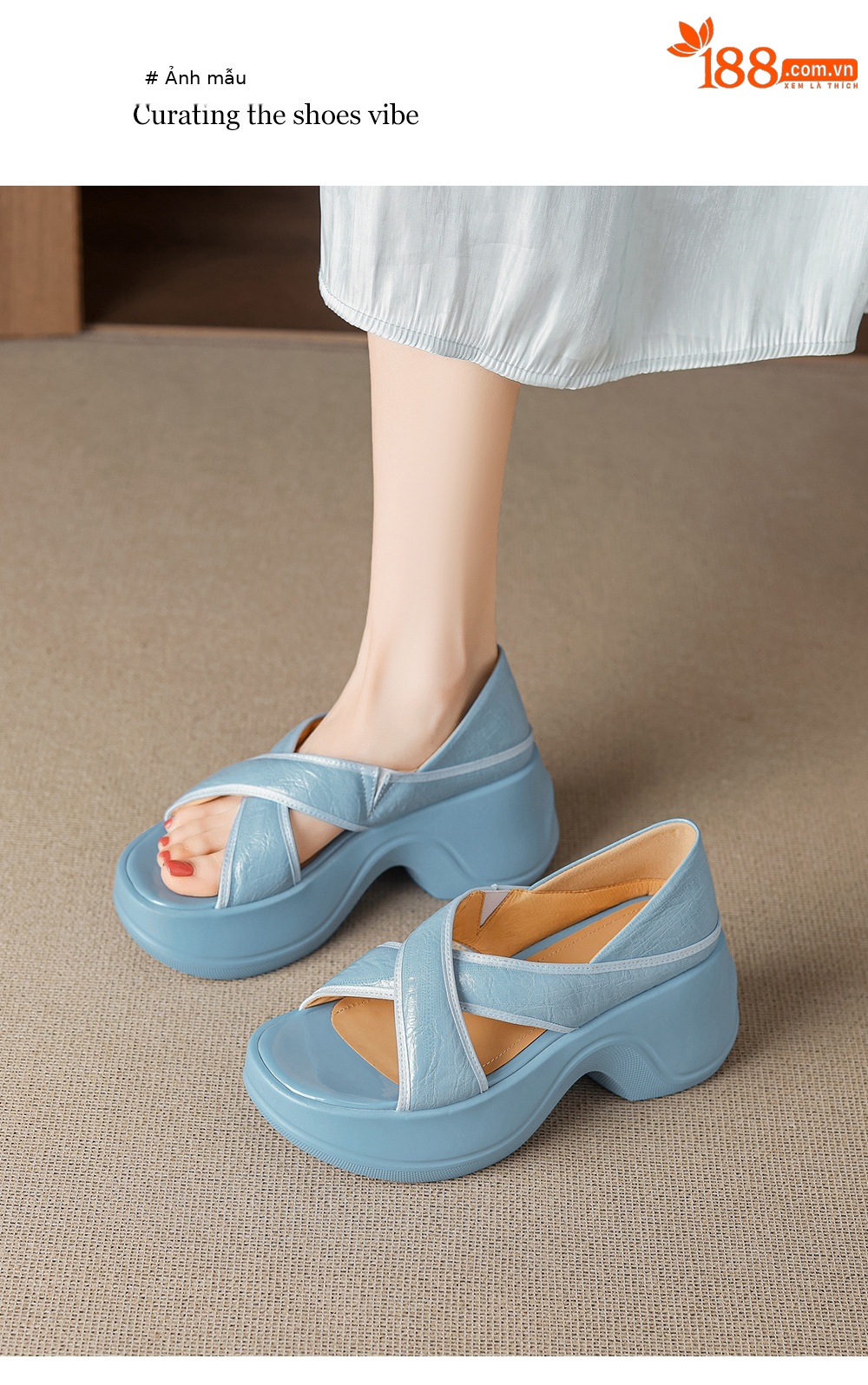 Sandal nữ đế xuồng cao gót 6cm mũi hở phong cách La Mã da thật — màu đen, màu xanh hồ chi tiết 9