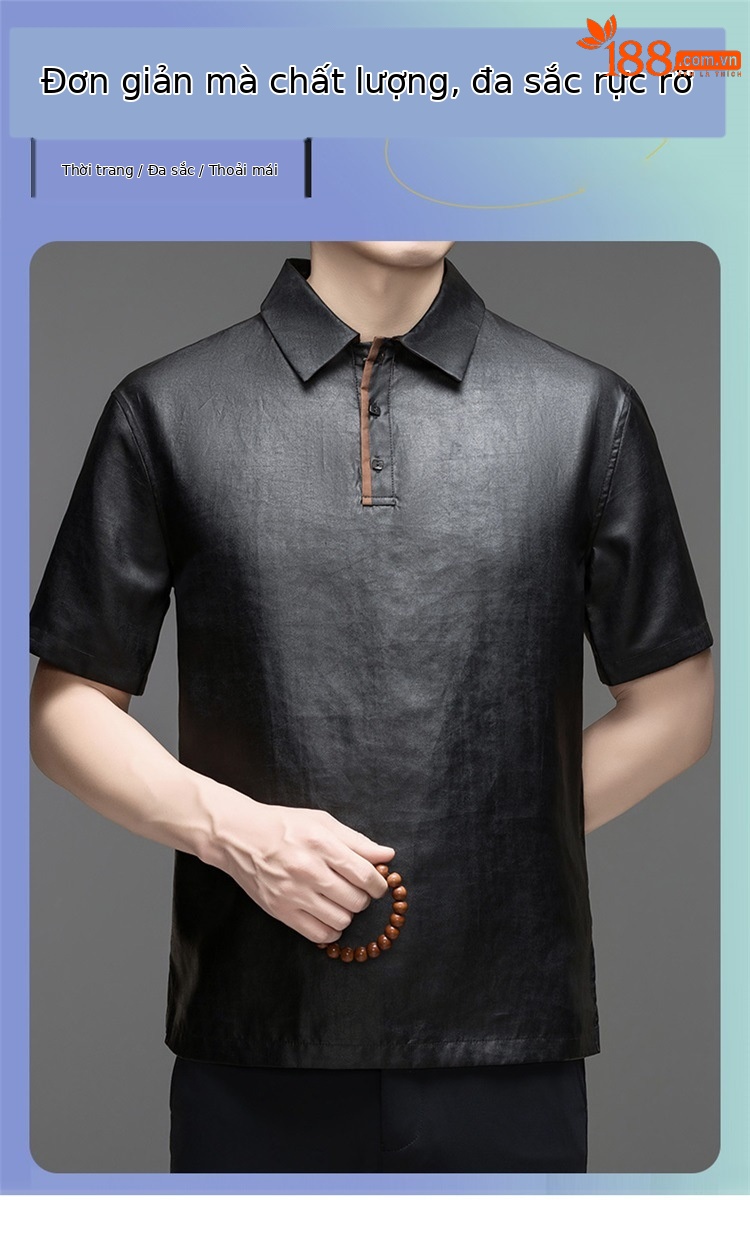 Áo polo nam tay ngắn lụa Mulberry jacquard ve áo satin — Da đen 8885 chi tiết 1