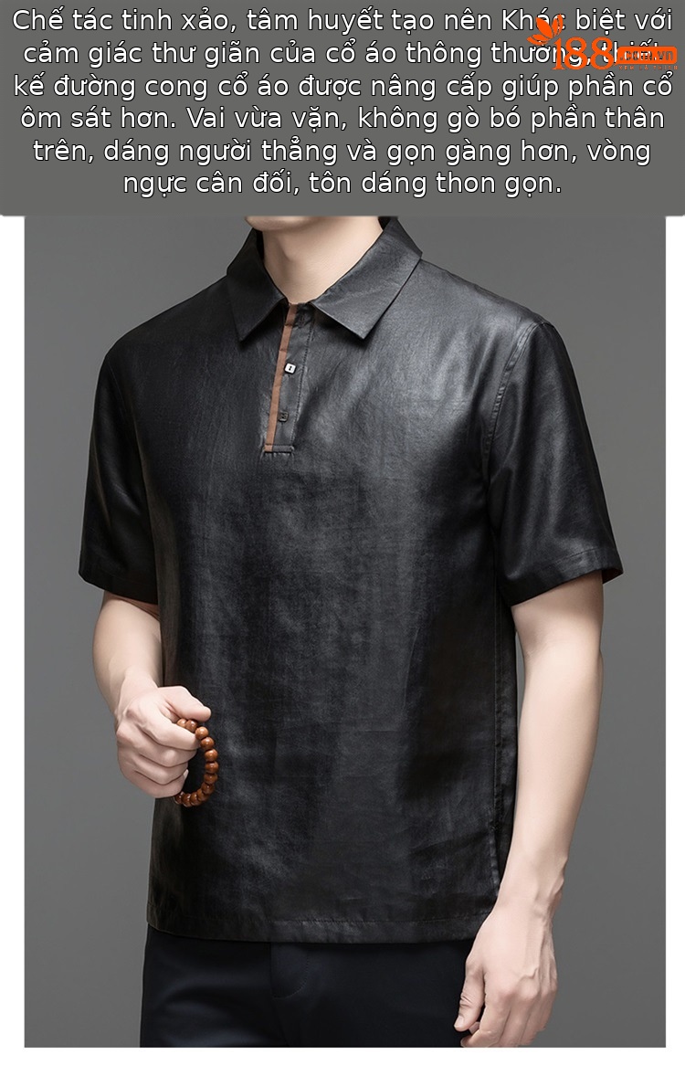 Áo polo nam tay ngắn lụa Mulberry jacquard ve áo satin — Da đen 8885 chi tiết 2