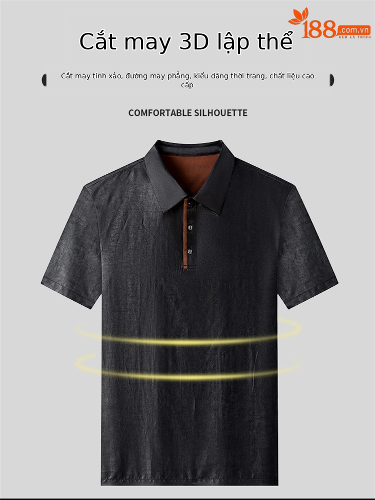Áo polo nam tay ngắn lụa Mulberry jacquard ve áo satin — Da đen 8885 chi tiết 3