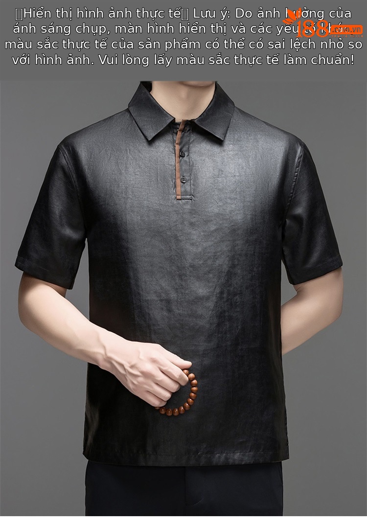Áo polo nam tay ngắn lụa Mulberry jacquard ve áo satin — Da đen 8885 chi tiết 7