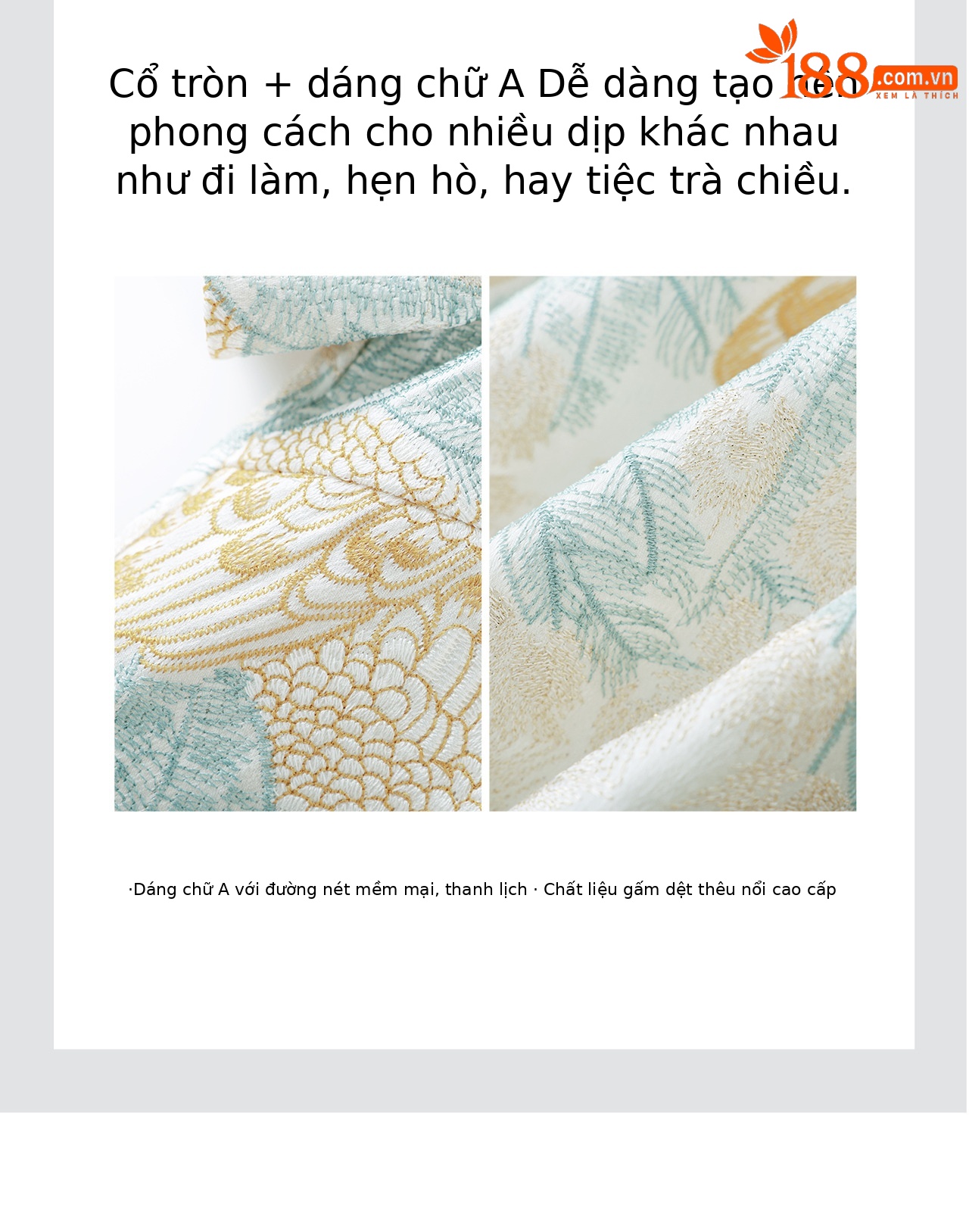 Đầm suông nữ midi dệt satin thêu jacquard tay ngắn — xanh lam chi tiết 9