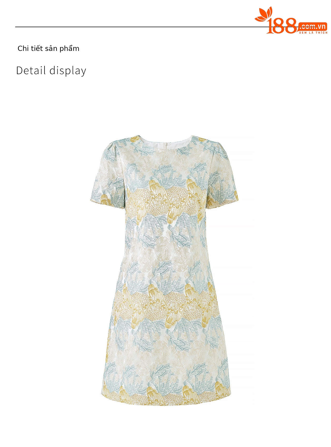 Đầm suông nữ midi dệt satin thêu jacquard tay ngắn — xanh lam chi tiết 16