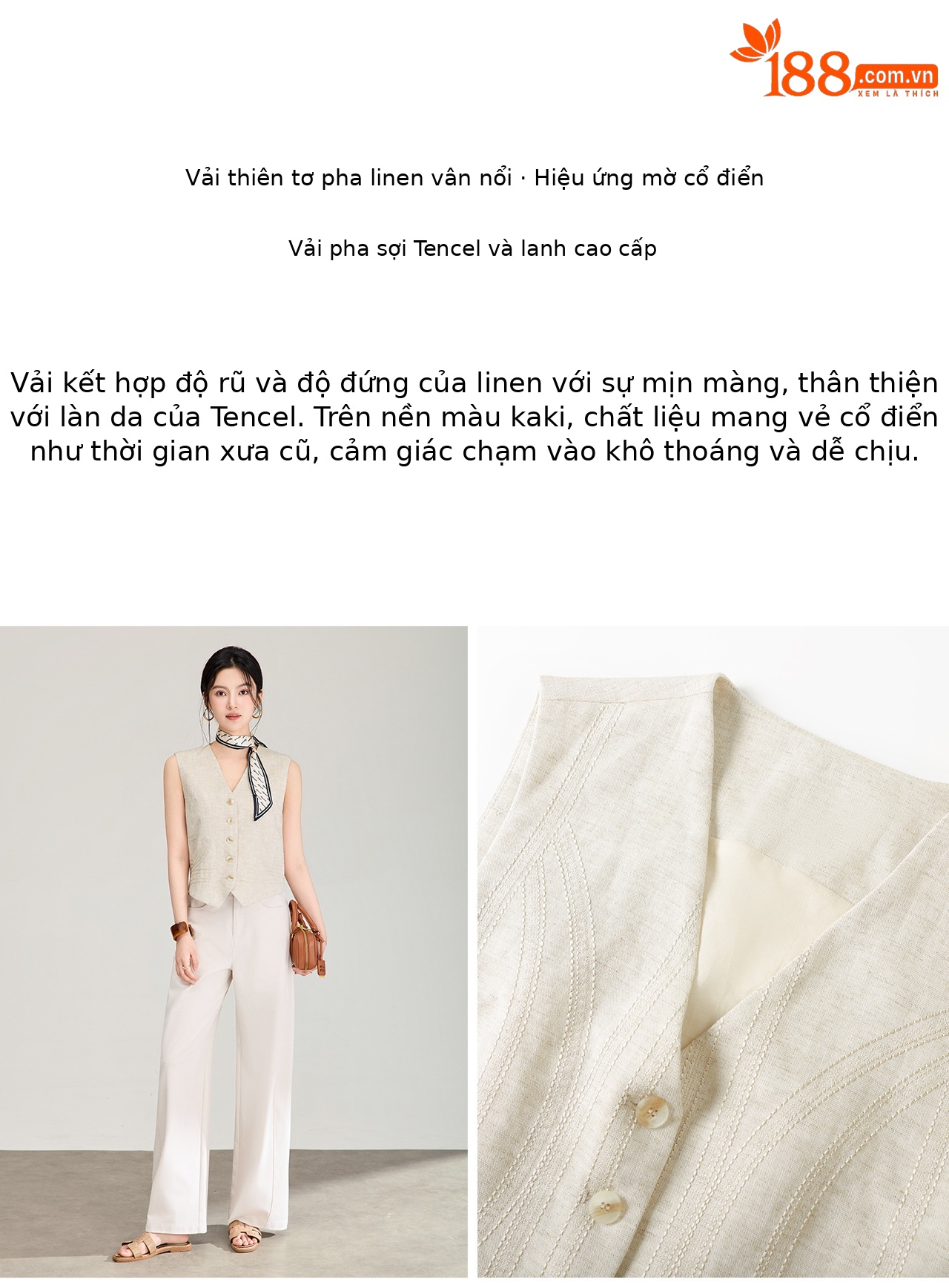 Áo khoác gile không tay cổ chữ V phối lớp phong cách cổ điển chất liệu vải lanh pha sợi Tencel — Màu cà phê chi tiết 8