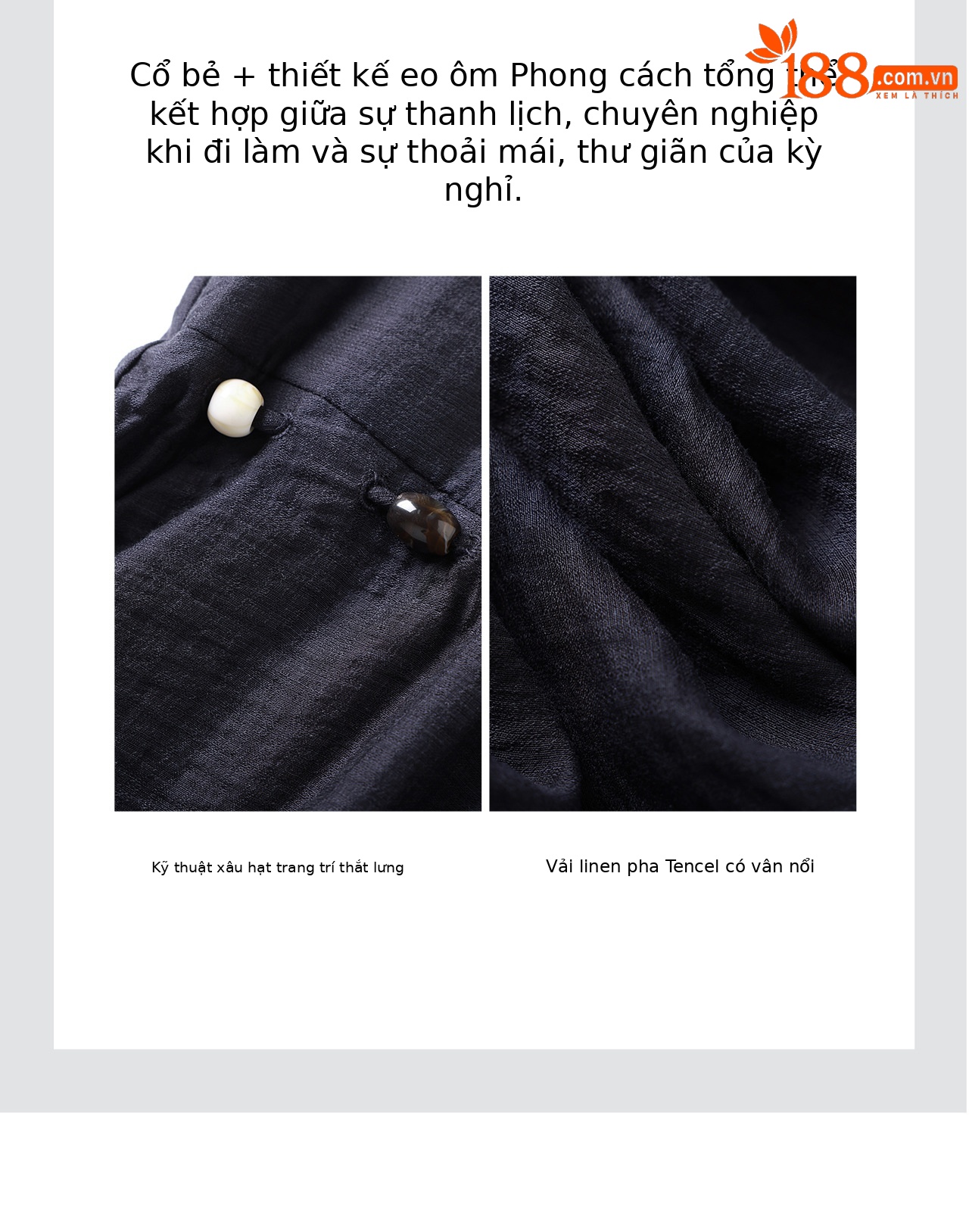 Đầm sơ mi nữ dáng suông chất liệu linen phối cườm nhẹ — màu xanh navy chi tiết 9