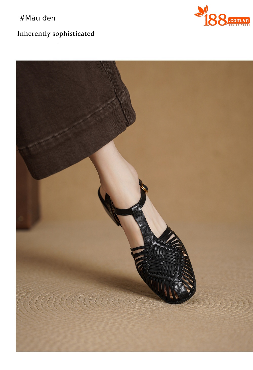 Sandal nữ quai ngang T-clasp gót thấp 4 cm phong cách vintage dệt rỗng — đen chi tiết 10