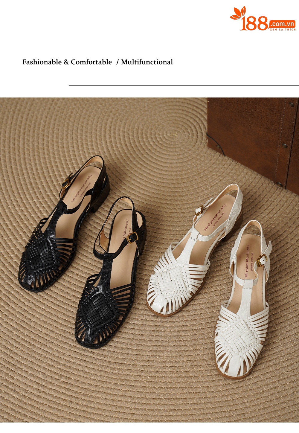 Sandal nữ quai ngang T-clasp gót thấp 4 cm phong cách vintage dệt rỗng — đen chi tiết 15
