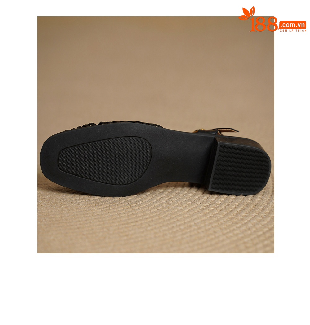 Sandal nữ quai ngang T-clasp gót thấp 4 cm phong cách vintage dệt rỗng — đen chi tiết 23