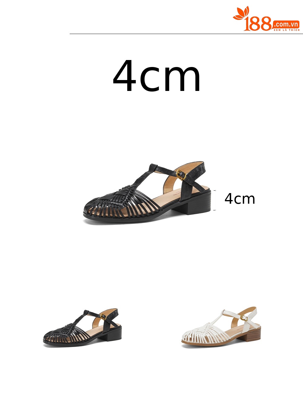 Sandal nữ quai ngang T-clasp gót thấp 4 cm phong cách vintage dệt rỗng — đen chi tiết 3