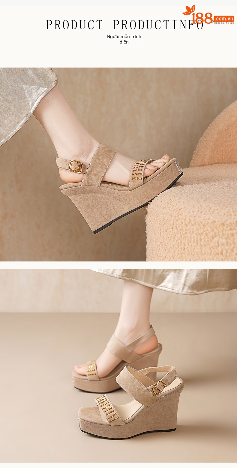 Sandal cao gót nữ mũi vuông hở ngón, đế xuồng 10 cm, phong cách La Mã đinh tán — màu đen, màu mơ chi tiết 2