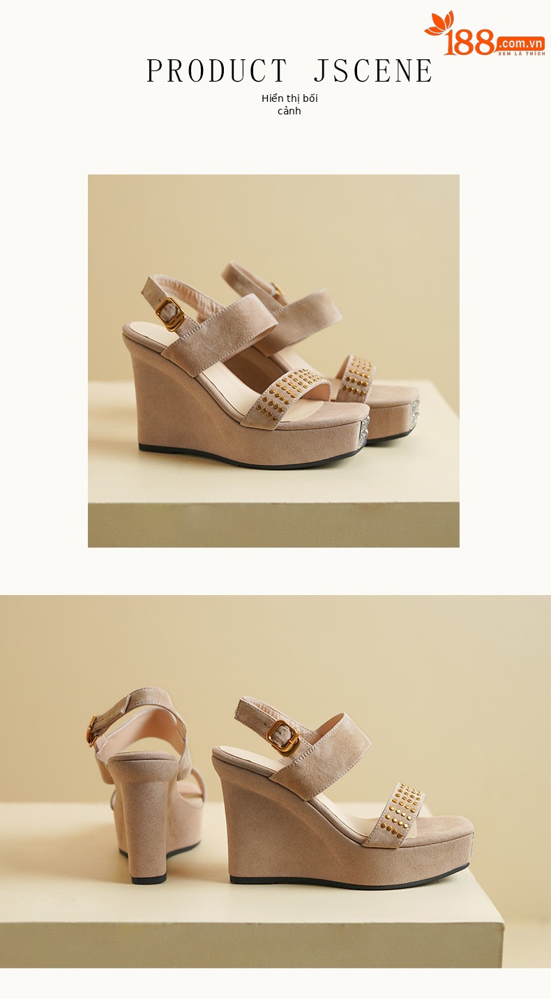 Sandal cao gót nữ mũi vuông hở ngón, đế xuồng 10 cm, phong cách La Mã đinh tán — màu đen, màu mơ chi tiết 5