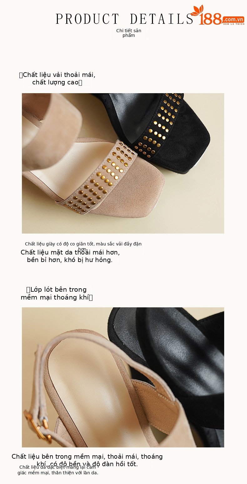 Sandal cao gót nữ mũi vuông hở ngón, đế xuồng 10 cm, phong cách La Mã đinh tán — màu đen, màu mơ chi tiết 7