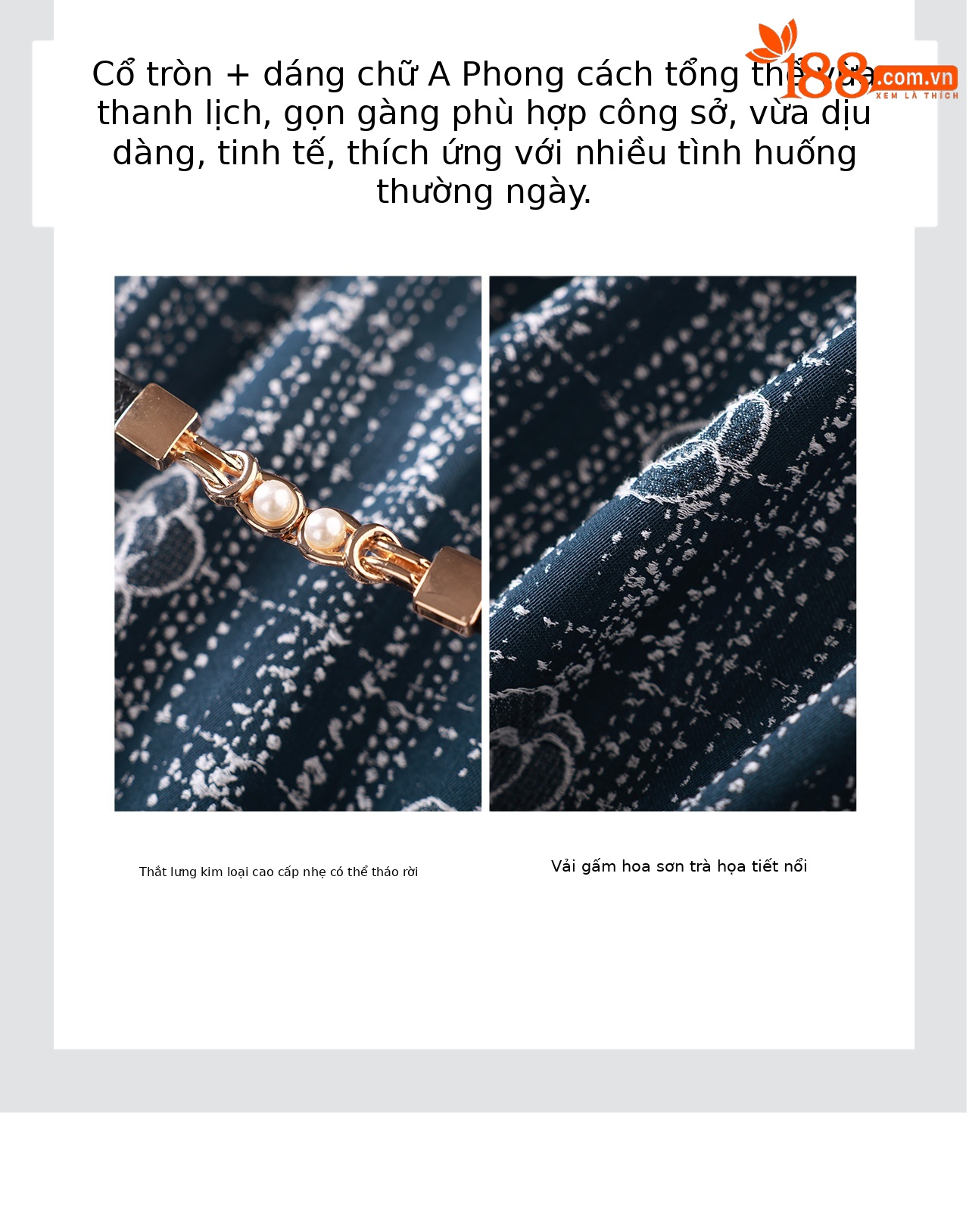 Đầm maxi nữ thắt eo họa tiết hoa sơn trà nổi — xanh lam chi tiết 9
