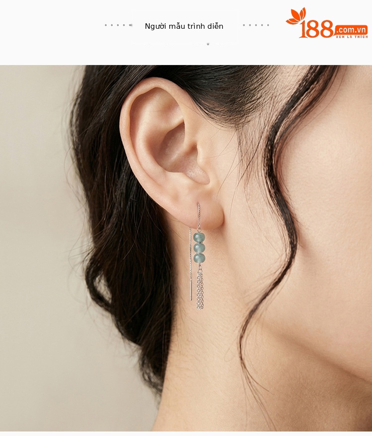 Khuyên tai dây bạc S925 đính ngọc bích tự nhiên phong cách tân cổ điển — Một đôi khuyên tai dạng dây chi tiết 3