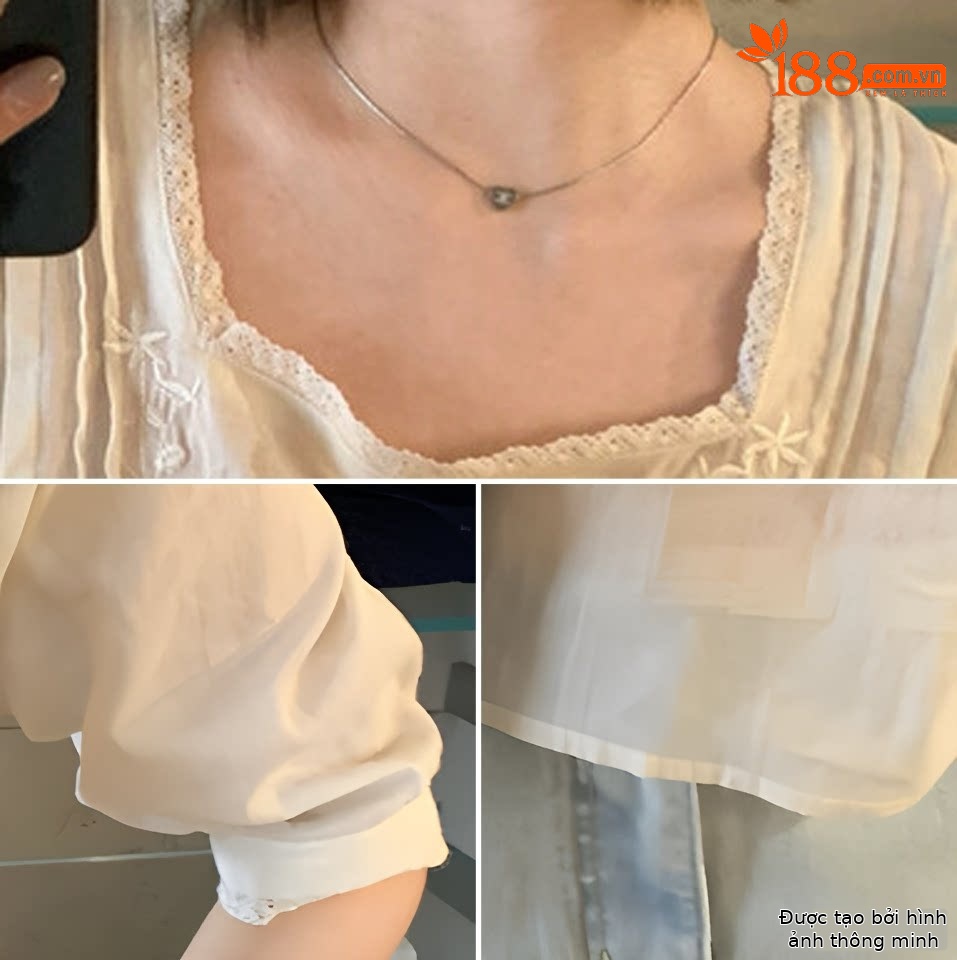Áo sơ mi nữ cổ vuông tay bồng thêu ren hoa mùa hè — màu trắng, Xanh da trờicolor chi tiết 8