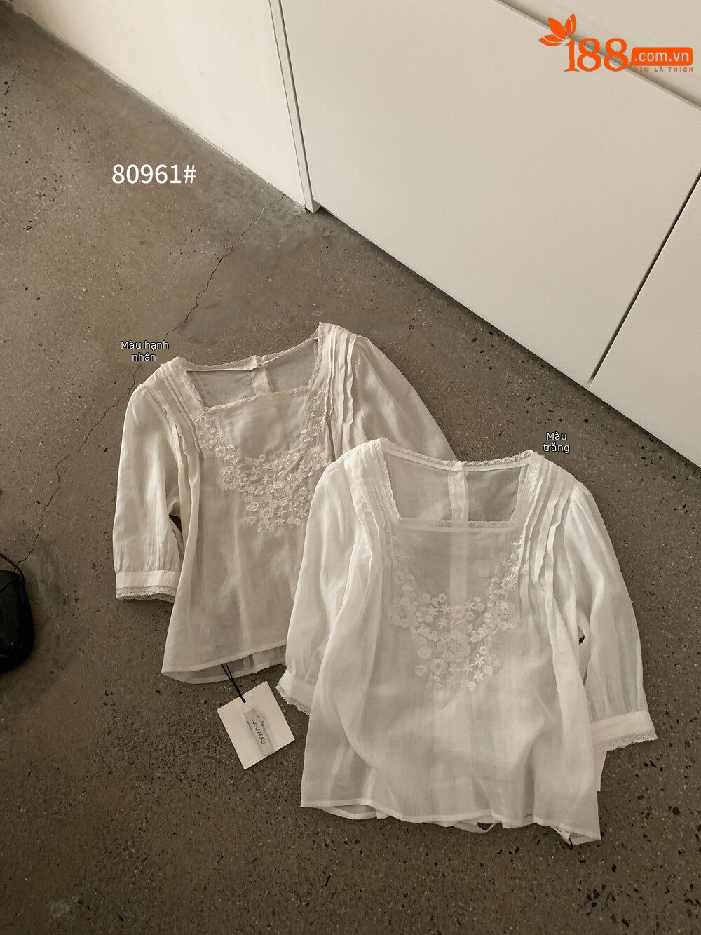 Áo sơ mi nữ cổ vuông tay bồng thêu ren hoa mùa hè — màu trắng, Xanh da trờicolor chi tiết 23