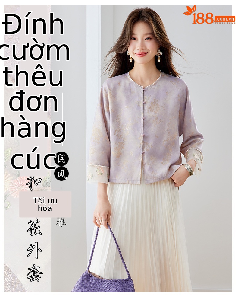 Bộ áo khoác ngoài và chân váy xếp ly thêu hoa phong cách tân cổ điển Trung Quốc — xanh lam, màu tím, Màu hồng chi tiết 1