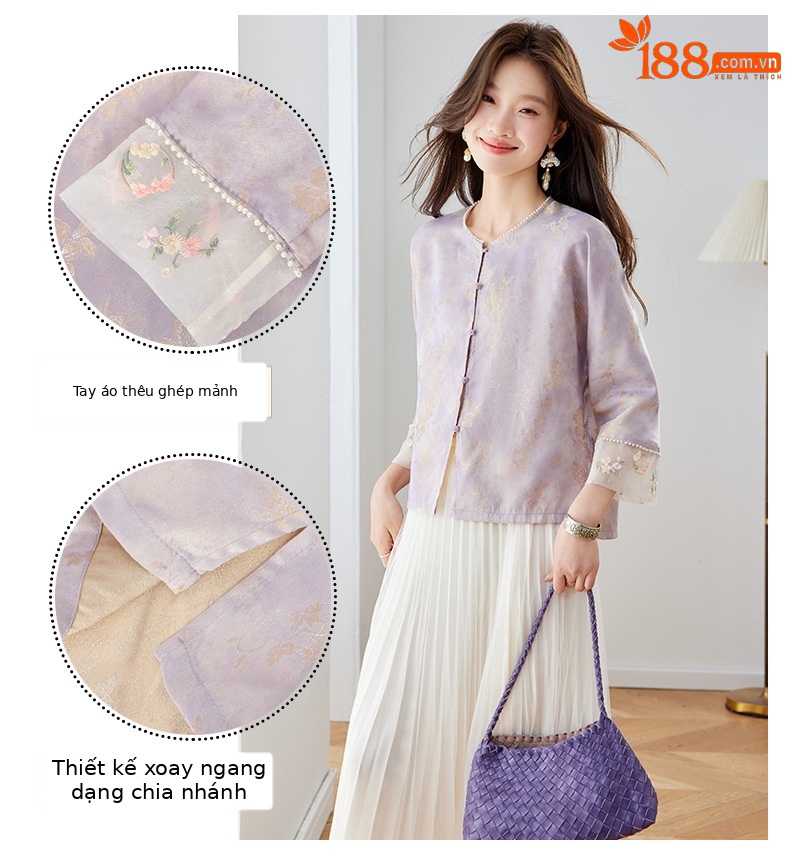 Bộ áo khoác ngoài và chân váy xếp ly thêu hoa phong cách tân cổ điển Trung Quốc — xanh lam, màu tím, Màu hồng chi tiết 5