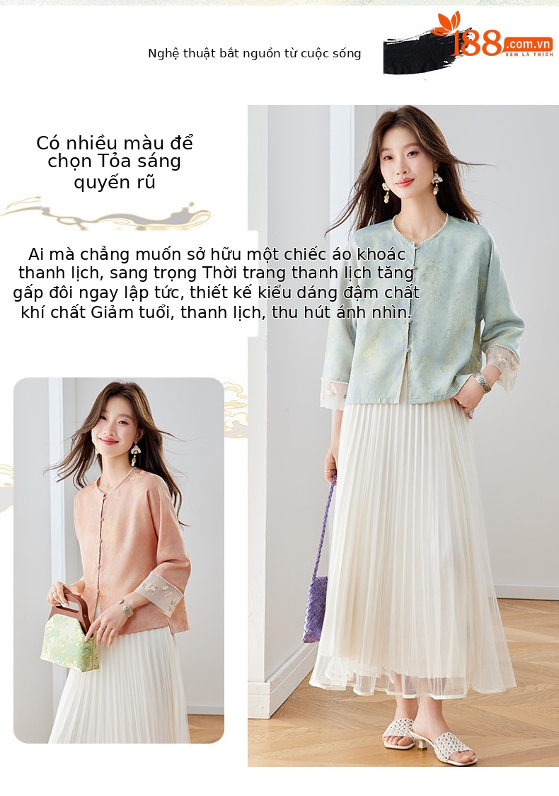 Bộ áo khoác ngoài và chân váy xếp ly thêu hoa phong cách tân cổ điển Trung Quốc — xanh lam, màu tím, Màu hồng chi tiết 3