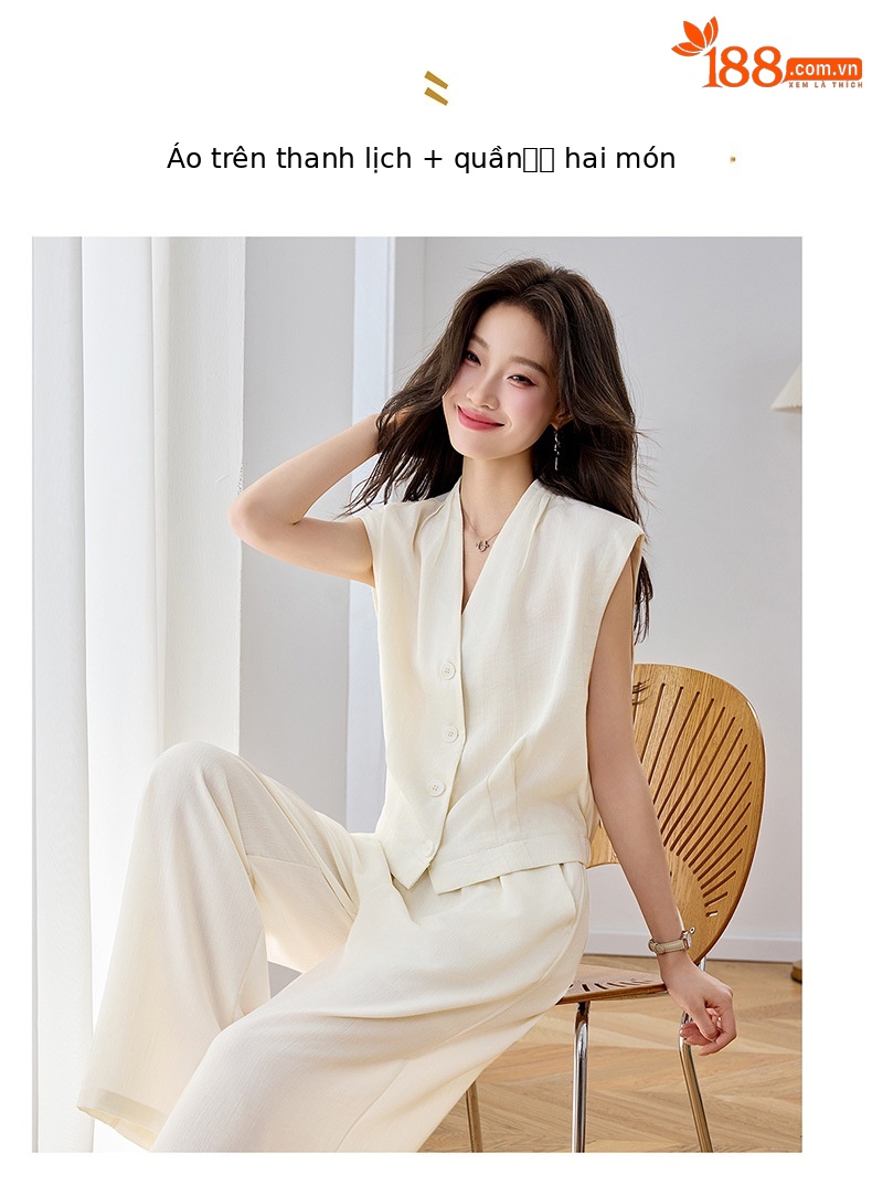Bộ vest nữ hai dây phối quần ống rộng — màu kaki, màu trắng ngà, màu cà phê chi tiết 2