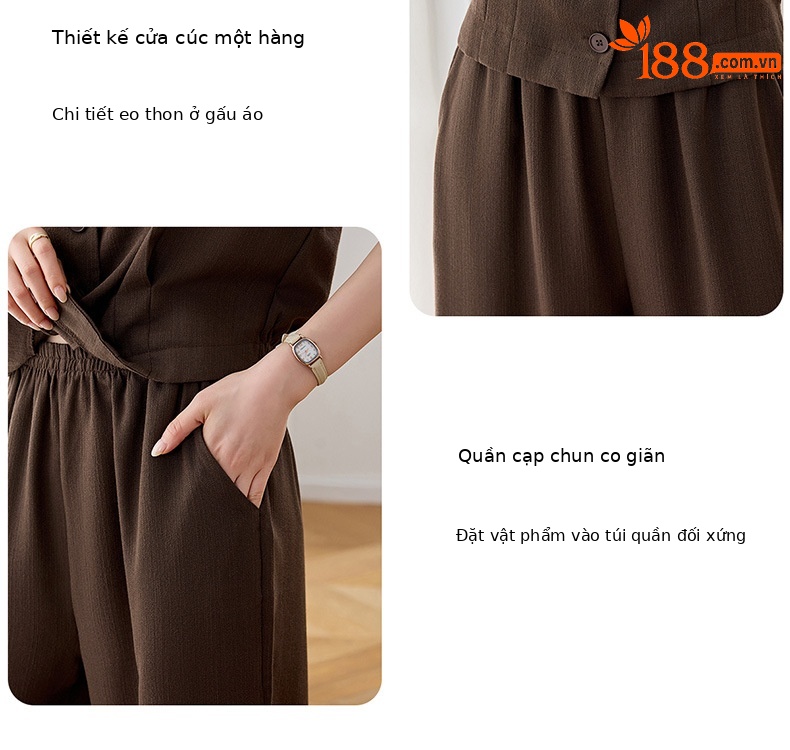 Bộ vest nữ hai dây phối quần ống rộng — màu kaki, màu trắng ngà, màu cà phê chi tiết 7