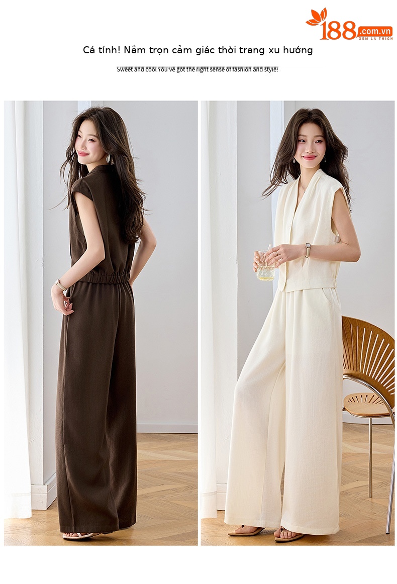 Bộ vest nữ hai dây phối quần ống rộng — màu kaki, màu trắng ngà, màu cà phê chi tiết 8