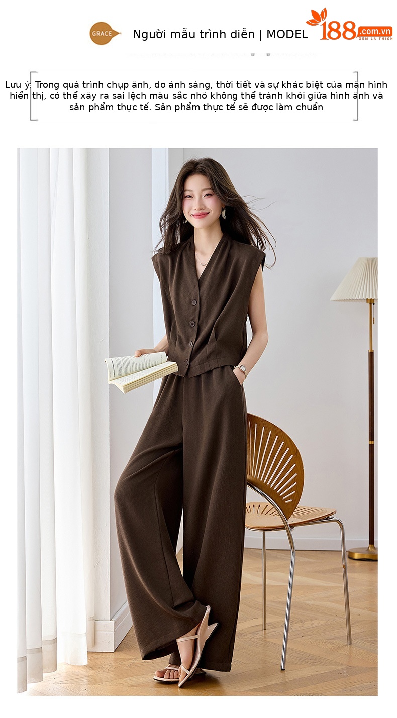 Bộ vest nữ hai dây phối quần ống rộng — màu kaki, màu trắng ngà, màu cà phê chi tiết 11