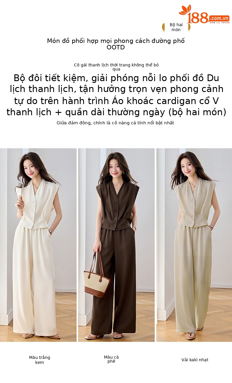 Bộ vest nữ hai dây phối quần ống rộng — màu kaki, màu trắng ngà, màu cà phê chi tiết 3