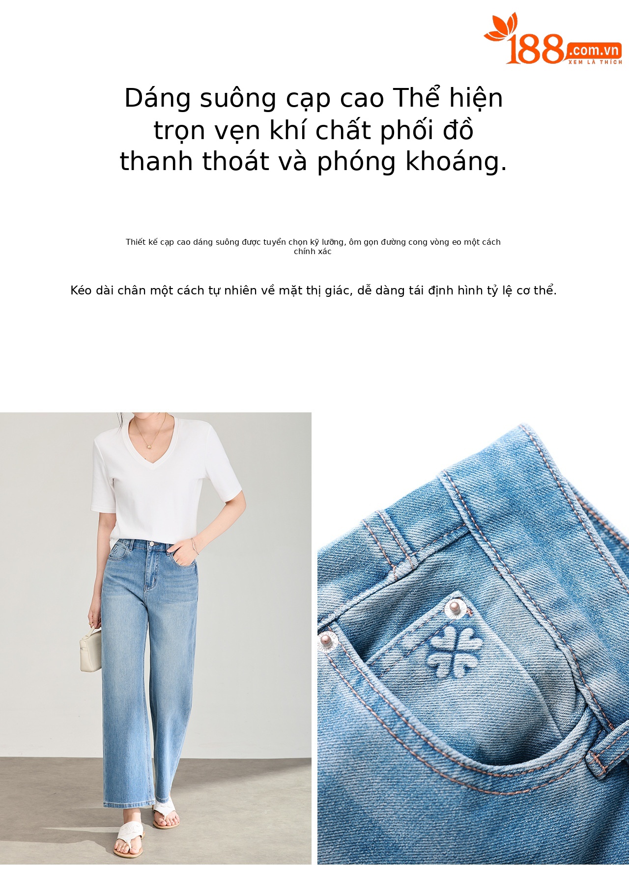Quần jean nữ ống rộng cạp cao chín phần, chất vải bốn chiều co giãn thoáng mát — xanh lam chi tiết 8
