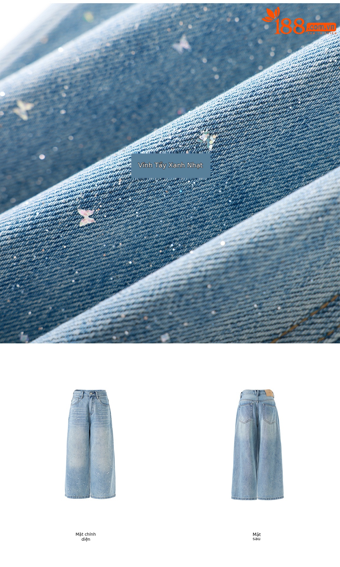 Quần jean nữ ống rộng cạp cao chất cotton mài trắng phối sequin bướm — xanh lam chi tiết 4