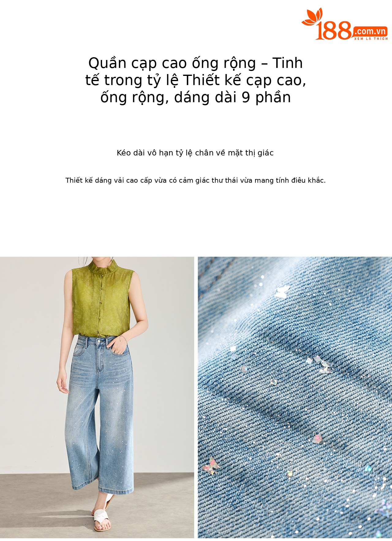 Quần jean nữ ống rộng cạp cao chất cotton mài trắng phối sequin bướm — xanh lam chi tiết 7