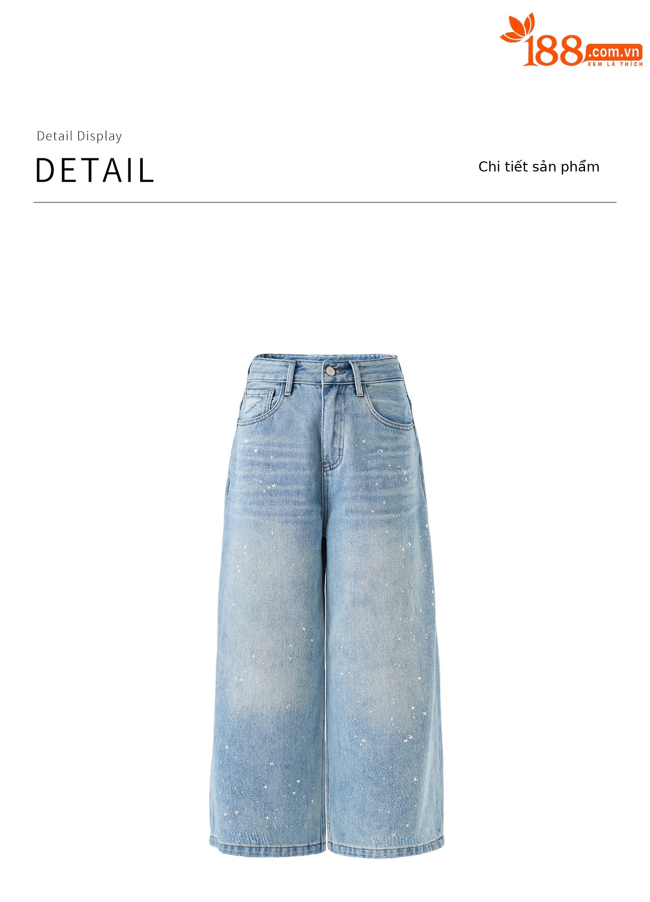 Quần jean nữ ống rộng cạp cao chất cotton mài trắng phối sequin bướm — xanh lam chi tiết 22