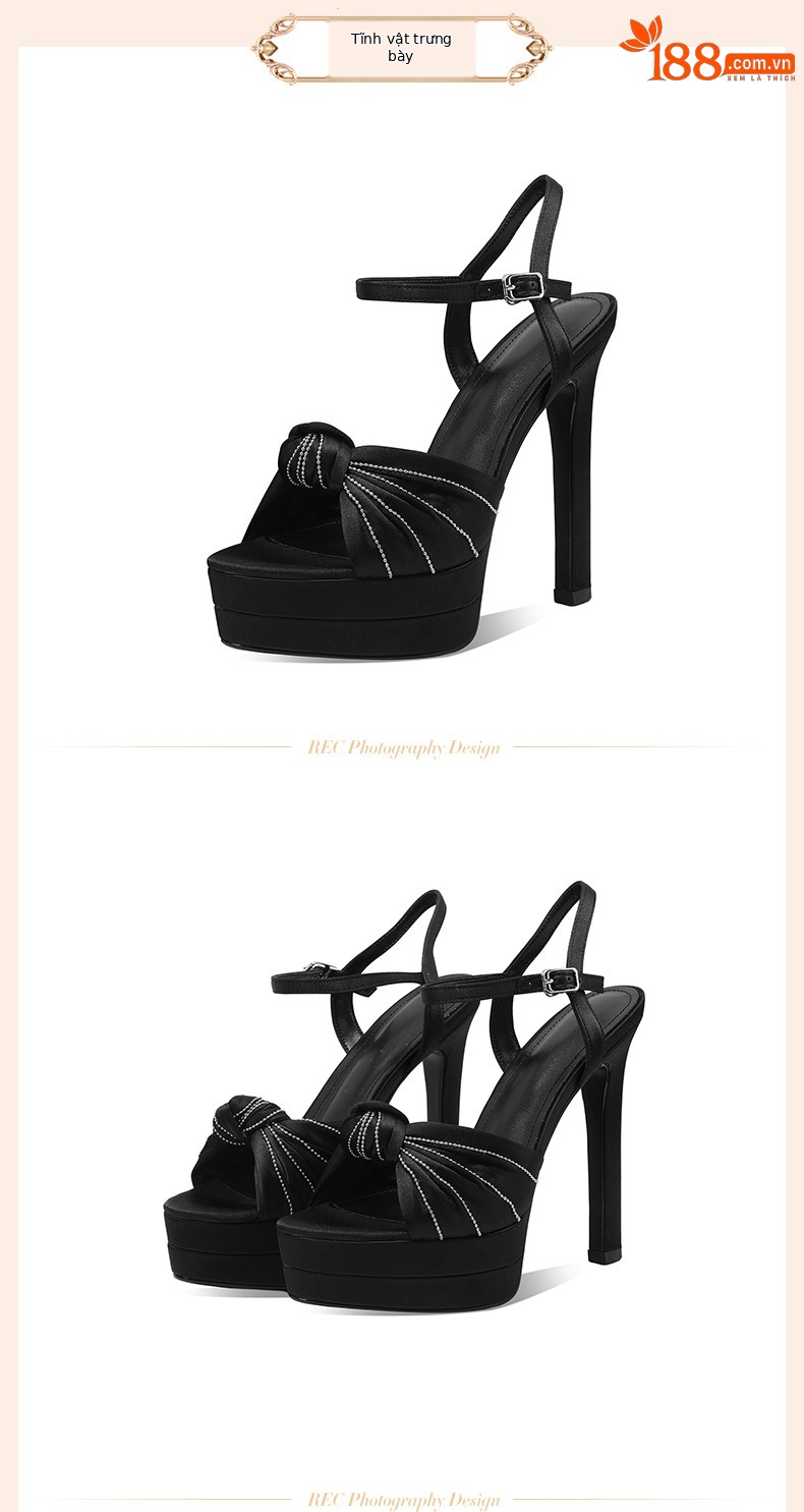 Sandal cao gót nữ lụa tơ tằm mũi hở đính đá gót siêu cao 12 cm — Champagne màu chi tiết 11