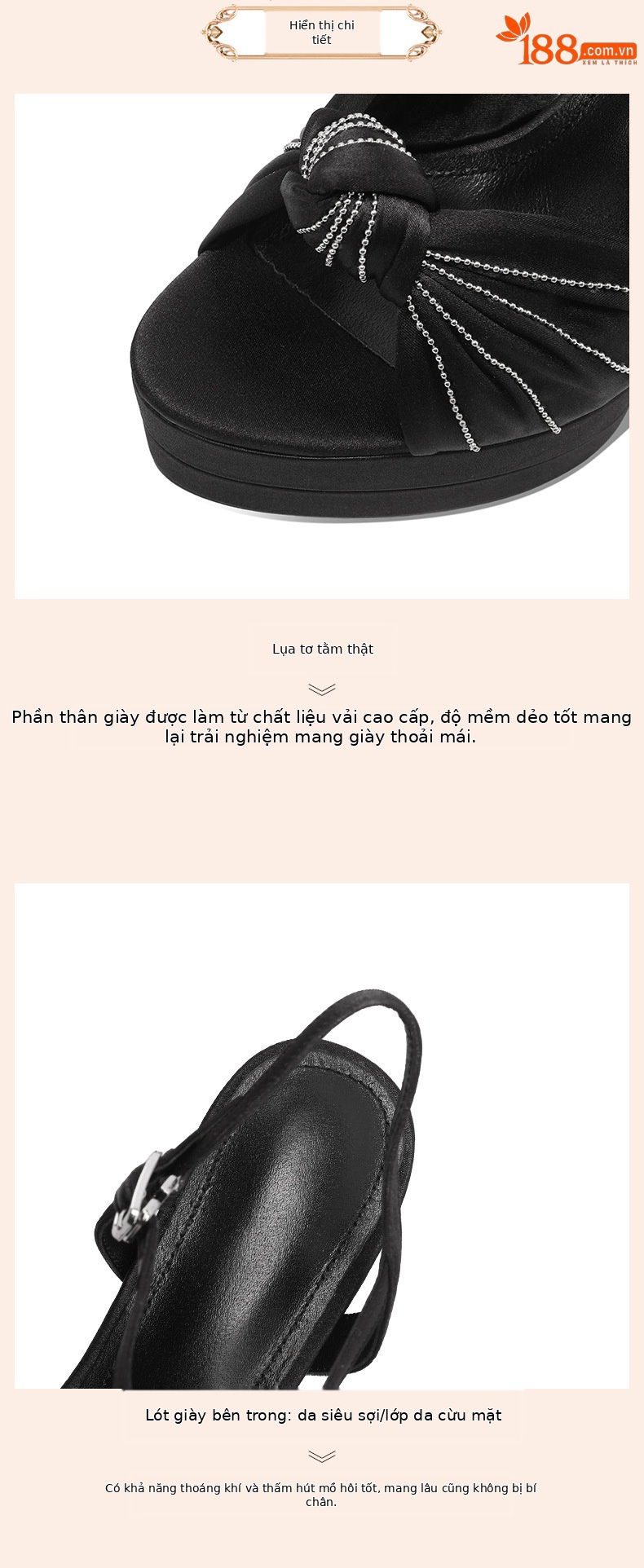 Sandal cao gót nữ lụa tơ tằm mũi hở đính đá gót siêu cao 12 cm — Champagne màu chi tiết 3