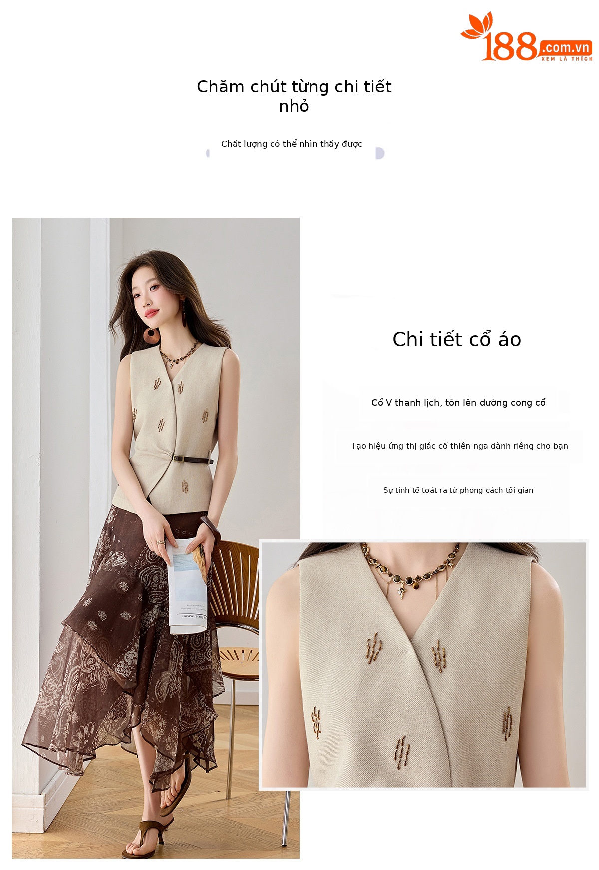 Bộ váy hai mảnh cổ V phối áo gile và chân váy chữ A họa tiết hoa nhí — Màu ảnh chi tiết 5