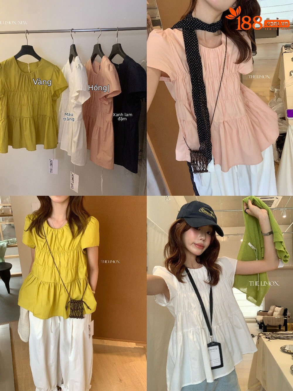 Áo thun nữ cổ tròn tay phồng xếp ly nhún chun — Xanh đen, màu hồng, màu trắng, màu vàng chi tiết 11