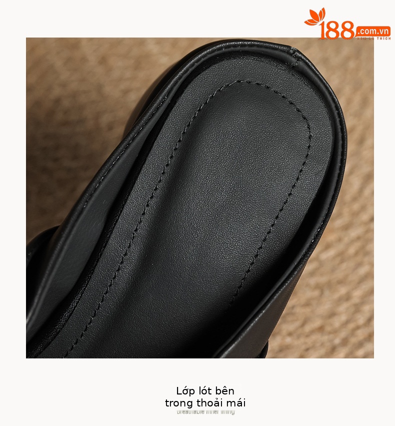 Mule nữ da bò đầu mũi kín gót thấp đinh tán cao gót — màu đen chi tiết 10
