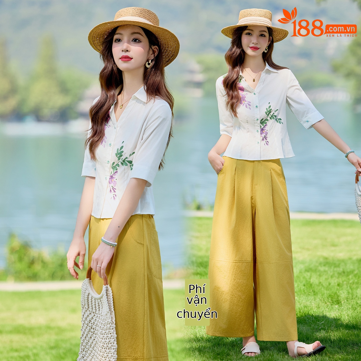 Bộ vest nữ hai mảnh áo sơ mi in họa tiết kết hợp quần ống suông cạp cao — Màu ảnh