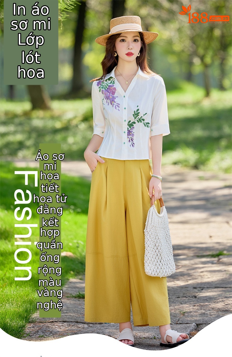 Bộ vest nữ hai mảnh áo sơ mi in họa tiết kết hợp quần ống suông cạp cao — Màu ảnh chi tiết 1